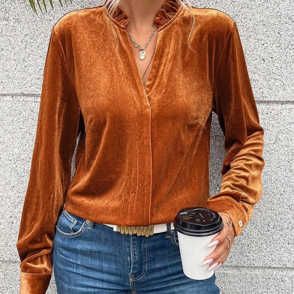 . Tops - Brown Casual Womens Notched Neckline Velvet Tee